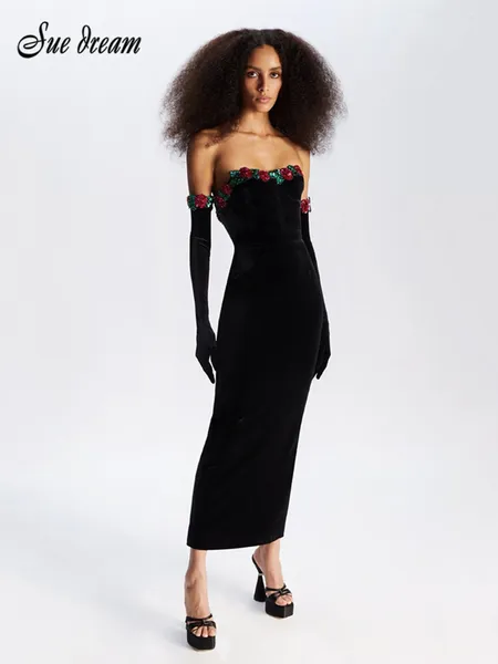 Sıradan Elbiseler 2024 Yaz Kadın Seksi Straplez Çiçek Sequins Patchwork Siyah Velvet Sıkı Uzun Elbise Eldivenler ile Akşam Partisi