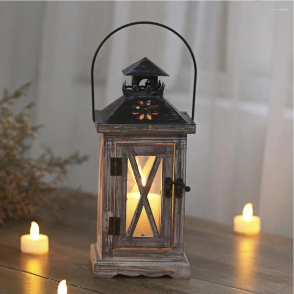 Candele Vintage European Europeo Porta antivento di legno Retro Elegante Iron Art Candlestick Lantern Home Decoration