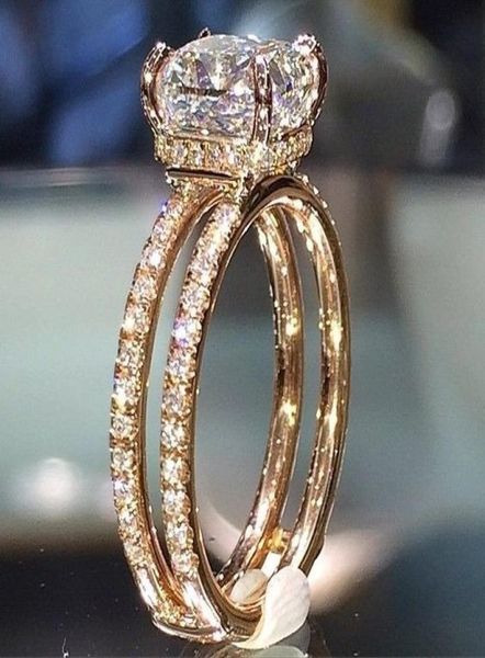 Plattiert 14K Gelbgold Doppel Diamantkron Ring Europäische und amerikanische Diamond Prinzessin Engagement Ladies Fine Juwely4371992