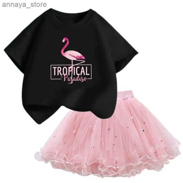 Conjuntos de roupas Girl Kawaii Clothing Conjunto 2024 Summer Flamingo T-shirt+Tutu Ski Dress Girl fofo 2pcs Conjunto de aniversário GiftL2405L24045