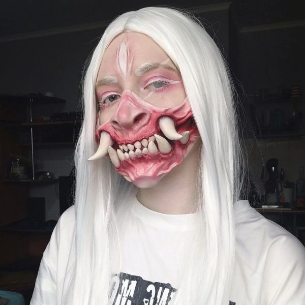 Маски лицом к покрытию латекс наполовину лицо страшные зубы Halloweendemon Oni Party Mask Toy Asia Jaw Fangs Half Face Cosplay Prop Costume Samurais