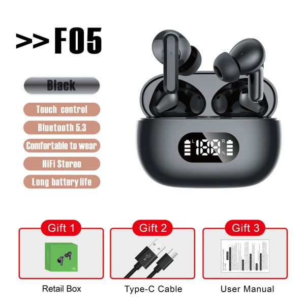 F05 True Wireless Headset Bluetooth 5.3 Ohrhörer Stereo TWS Ohrhörer Game Hi-Fi Music Headphones Power Battery LED Digitale Anzeige Sport Earphone