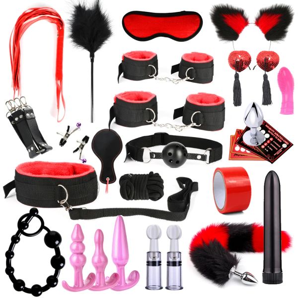 Produkte SM Fetisch BDSM Bondage Rückhaltesatz Sex Handschellen Peitsche Analperlen Butt Plug Anal Plug Bullet Vibrator Sex Toy für Erwachsene Frau