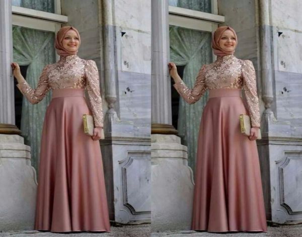 Soiree hijab veste de pescoço alto vestidos de manga longa 2016 uma linha de linha de soiree apliques de cetim elegante ebi ebi longa noite dr1914100