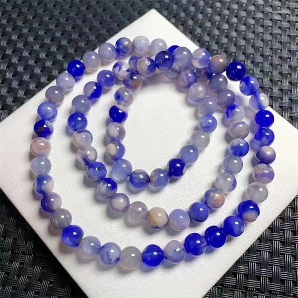 Pulseiras de link 6,5 mm de flor azul natural AGATE TRIPLO Círculo de pulseira Mulheres da moda Reiki Cura de ioga elástica Energia Pulseira de joalheria de pulseira Presente