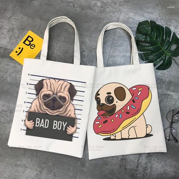 Bolsas de compras Pug Dog Women Canvas Tote Bag Eco Dug Life Grande capacidade de ombro ruim feminino Shopper