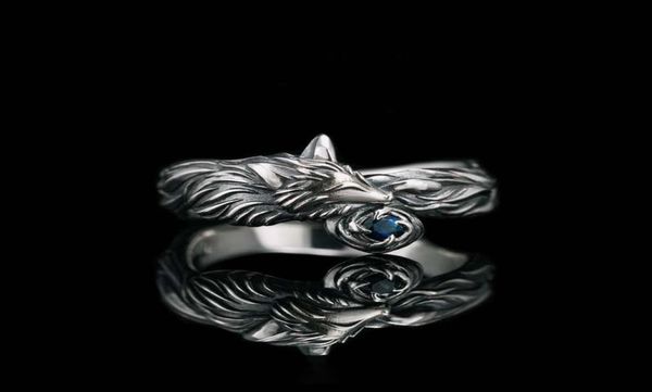 Vintage Silver Plated Fox Ring Blue CZ Stone Rings For Men Women Punk Gothic Jewelry Gift Whole1300717