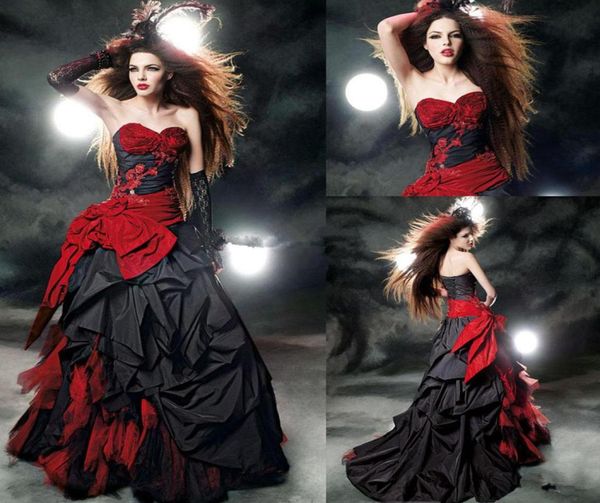 Vestidos de noiva 2019 vintage preto e vermelho gótico modesto sweetheart babados de cetim de cetim para trás vestido de noiva do espartilho traseiro vestido de noiva55589151