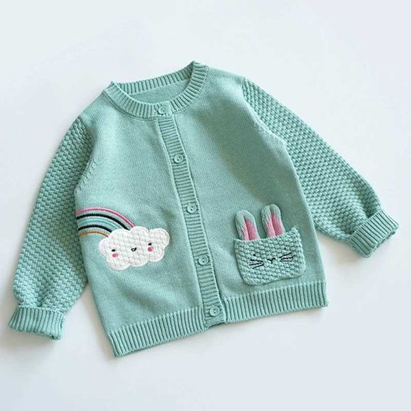 Set Childrens and Girls Abbigliamento carino griglie verde griglie ragazzo ricamato Rainbow Cardigan Cotton Autumn Children da 2 a 7 anni Q240508