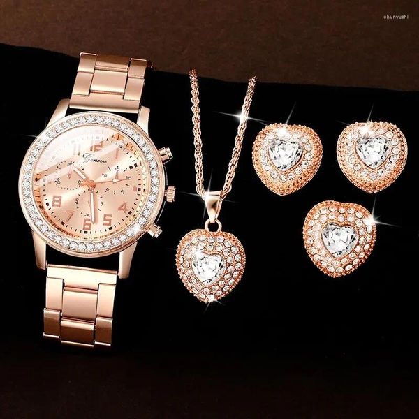 Armbanduhr Frauen Rosegold Ring Ring Halskette Ohrringe Armband Set Set Strass -Mode -Armbanduhren weibliche Gelegenheitsladien Quarz Uhren