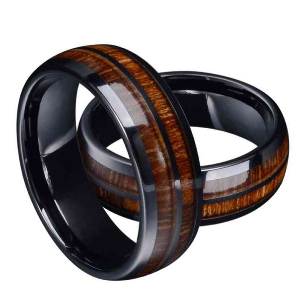 Nova moda tungstênio preto tungstênio anéis embutido havaiano koa wood abalone shell masculino de noivado de noivado de aniversário presente 207u