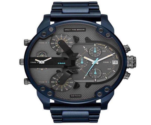 Начатые часы Sport Dz Big Dial Men039S Watch Double Machine 7395 Cool Blue Steel Belt Quartz Watchs Male Clock Locomotive Relo1044783