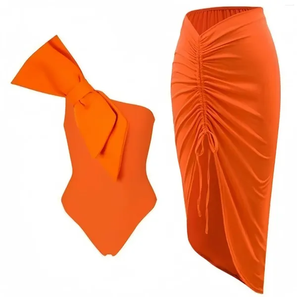 Moda de banho feminina Orange Bow One ombro2024 Matra de maiô Sarong Biquíni de roupas de banho de duas peças