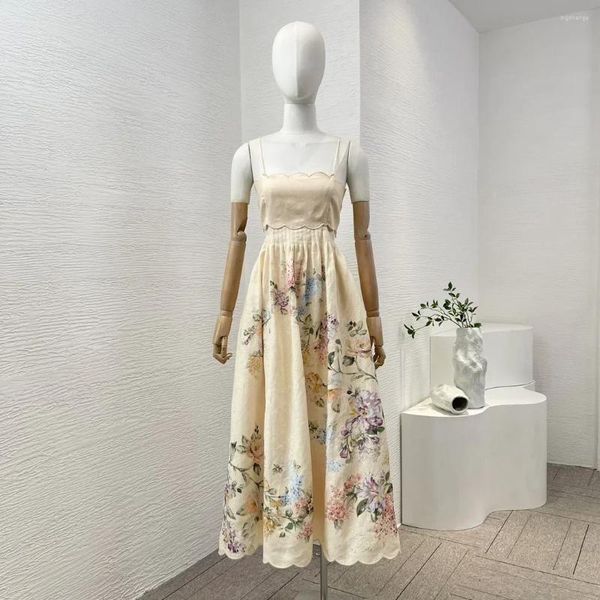 Sıradan Elbiseler 2024 Yaz Yüksek Kaliteli Keten Yeniden Tro Floral Baskı Backless Sleevless Camisole Kadınlar İçin Midi Elbise Kesim