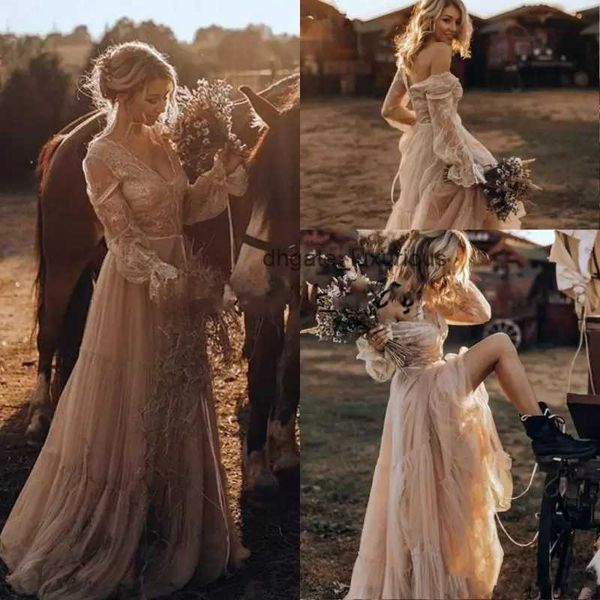 Vestidos de noiva ocidentais vintage country renda de manga longa cigana gipsy gipsing boho vestidos de noiva