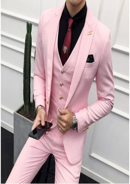 3pc Suit Men Brand Brand Slim Fit Business Formal Wear Tuxedo Vestido de Noiva Alta Costume Casual Homme 2xl Pink2158258
