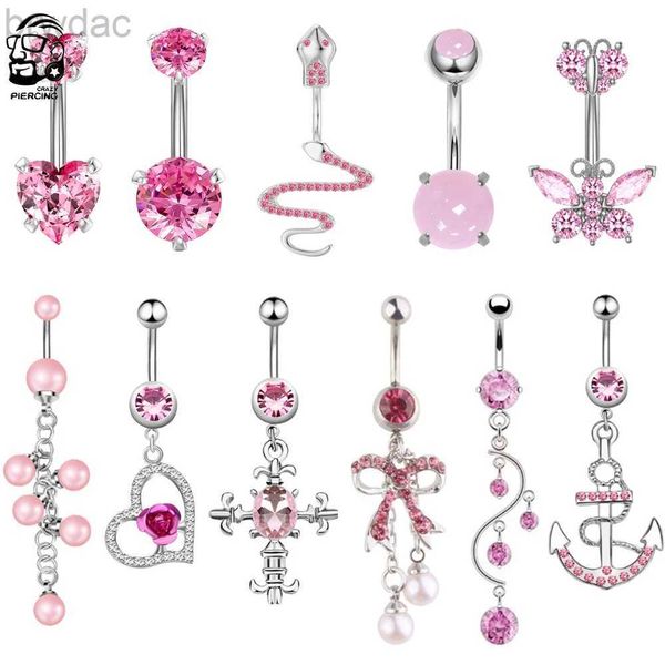 Göbek Yüzükleri Yeni Pembe Serisi Sarkan Göbek Düğmesi Halkaları Kalp Çapraz Zirkon Kavisli Barbell Belly Piercing Kadın Vücut Takıları 1.6mm*10mm D240509