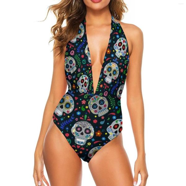 Swimwear femminile Dia de los Muertos Sugar Skull Swimsuit Floral Stampa Push Up Sexy One-Pece Hollow Out Monokini Fashion