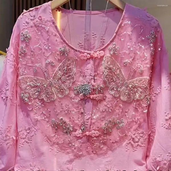 Blouses femininas Luxunhas Diamantes de lantejoulas Bordadas Camisas Vintage Pink e camisas mulheres BLUSAS casuais soltas tops 2024 Primavera verão