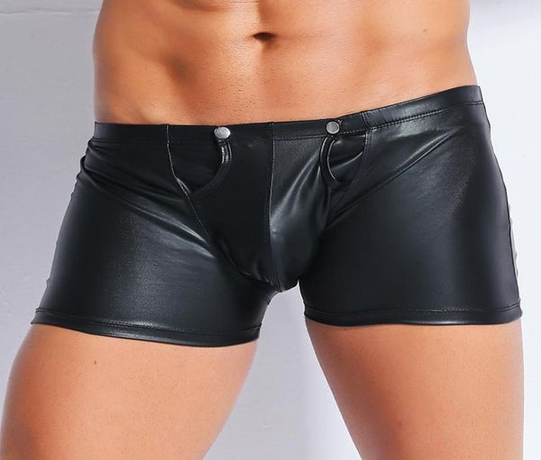 Masculino boxers de roupas de baixo homem sexy masculino de lingerie de couro faux preto