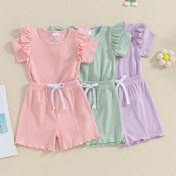 Kleidung Sets Citgeesummer Kinder Baby Girls Outfit Feste Farbe Ripps Rüsche Kurzarm T-Shirt und elastische Shorts Freizeitkleidung