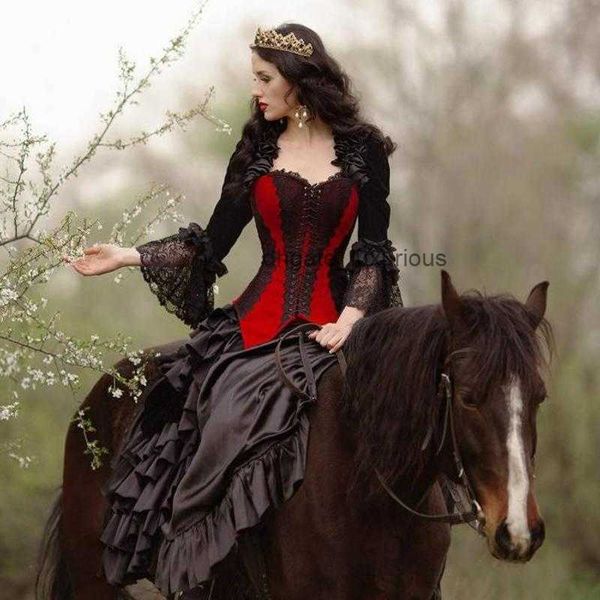 Vestidos medievais vintage vitorianos de noiva de princesa uma linha gótica preto e vermelho vestido de bawada misfarda vestidos de noiva da primavera de primavera