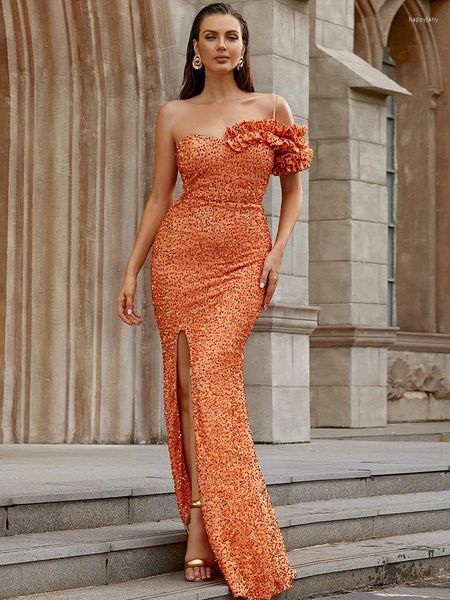 Lässige Kleider sexy ärmellose One Schulter Paillette Maxi Slim Kleid Frauen elegante orangefarbene Rüschen Gurte hohe Schlitz Long Prom Abend Party