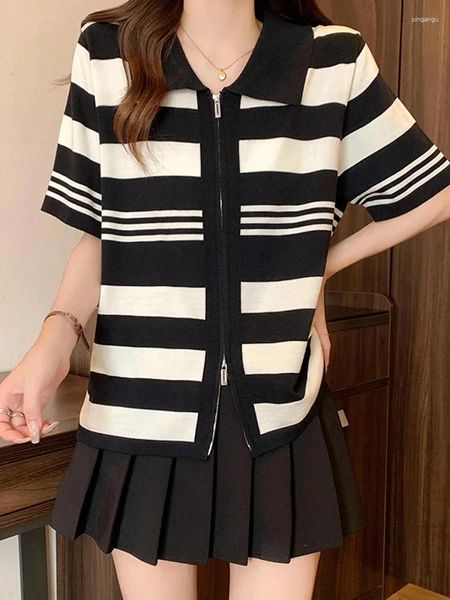 Maglie da donna Plus size maglione in maglia cardigan per donne top per maglieria a maniche corte a strisce vintage 2024 Summer Elegant coreano