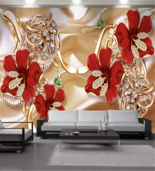 Documenti da parete da parati floreale 3D Luxury Diamond Red Flower Murale Miglioramento della casa Soggiorno Cucina da letto Painting Wallpapers7743015