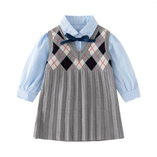Девушка платья детская весна/осенняя одежда хлопковая синяя рубашка в стиле колледжа Серый клетчатый вязаный платье с плит