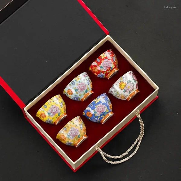 Xícaras de chá esmalte a xícara de cerâmica Flor Mestre Chinês Conjunto Caixa de presente colorida