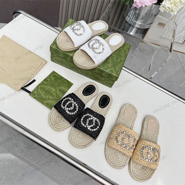 Sintestone Stufors Slifori Sandali di paglia all'uncinetto Cristalli G Fladrille ad espadrille piatti da donna Summer Scarpe slip su vetrini piattaforma flops piscina