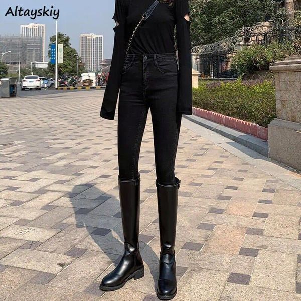 Frauen Jeans Frauen koreanischer Stil Denim-Knöchel-Länge hohe Taille dünne Bleistifthosen Freizeit schwarz schlank