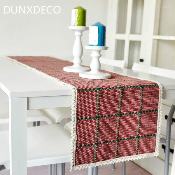 Runner de mesa DunxDeco algodão Tocada de letra de mesa de Natal Fabric decorativo Fabric clássico Vermelho CHECH