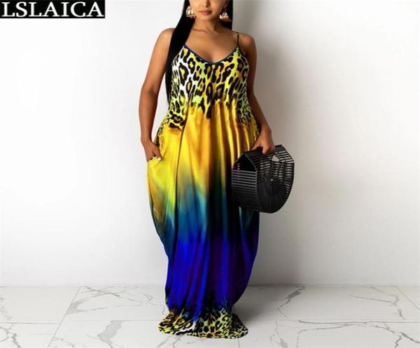 Drop Sundresses Women Women sem mangas Tie Tye Dye Leopard Print Sexy Long Dresses para plus size moda Sling Dress Summer 2105156822789