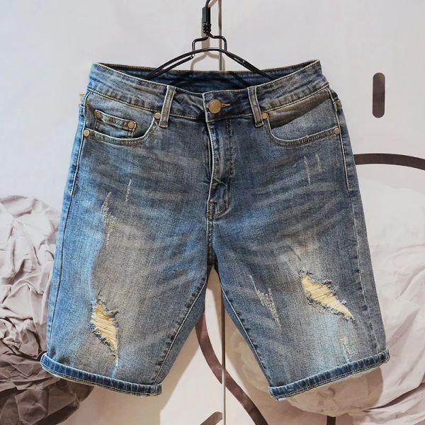 Jean kısa tasarımcı erkek düz delikler sıkı kot gündelik yaz hip hop sokak pantolon yırtık yama mektubu baskı denim şort erkek çocuk kovboy kısa pantolon