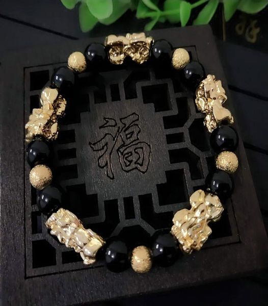 HY004 Fashion New Design 24K Gold Color Bracelet Pixiu Натуральный камень обсидианский браслет животных Pixiu