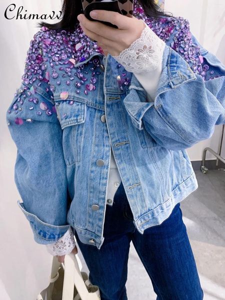 Jackets femininos retrô pesado com miçangas shinestone jeawing fêmea feminina 2024 Primavera Autumn Fashion Streetwear Longa Jaqueta Jean Jacket Mulheres