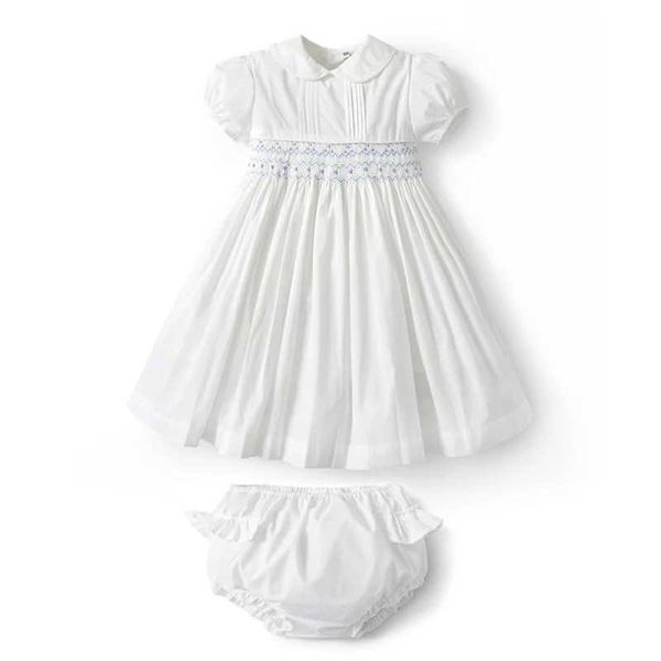 Vestidos de menina 2024 Vestido de bebê bordado de 2 peças com colarinho e mangas de bolhas no mesmo estilo shorts brancos setl2405