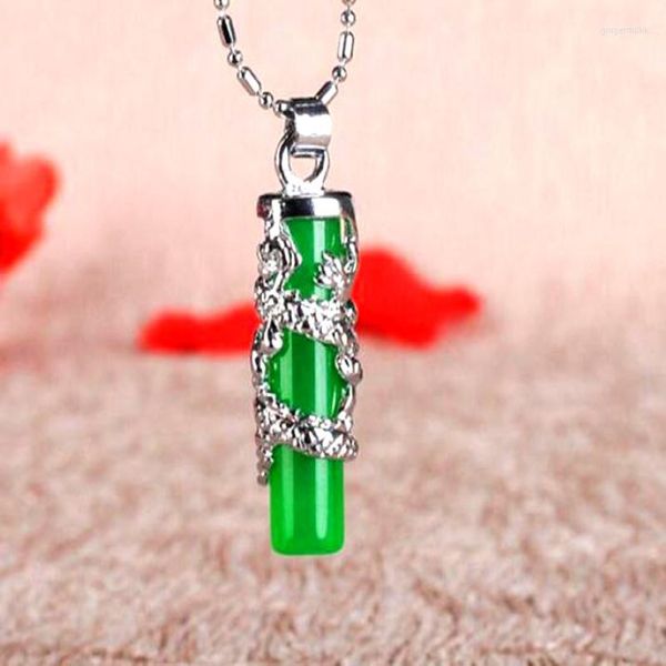 Anhänger Halskette Qingmos echt 10 37 mm Zylinder natürliche grüne Jade -Halskette für Männer mit Drachendesign 17 Kabel Chokers 2540