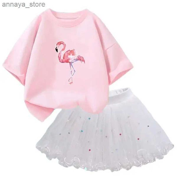 Kleidungssets 2024 Mode Girls Summer Clothing Set kurzärmeliges Flamingo-T-Shirt und Tutu-Rock 2-teilige Kinderkleidung Kleidung Setl2405L24045