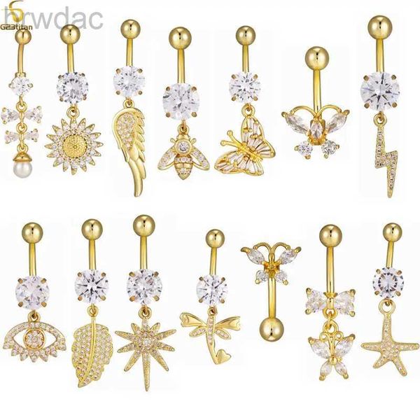 Anéis do umbigo 14g Dangle Pingente Boust Ring Ring Color dourado Aço inoxidável Barbell dourado Abutto de zircão Mulher sexy de piercing jóias D240509