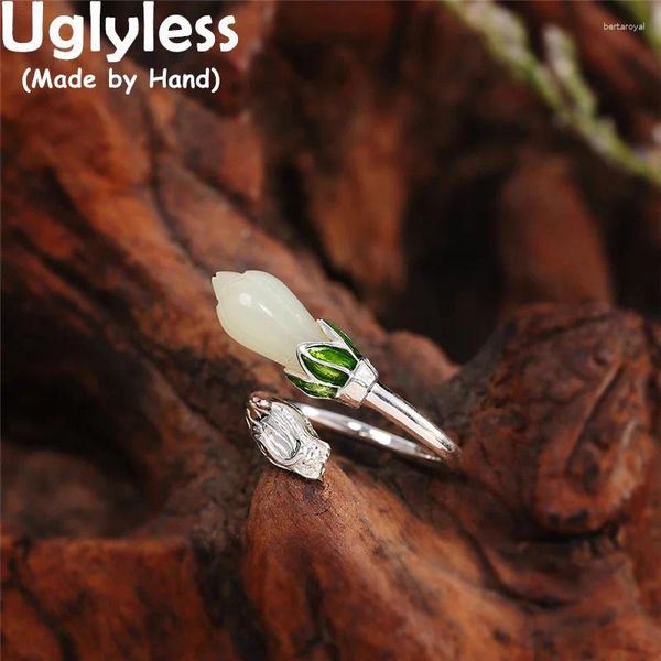 Rings de cluster, sem paria, Jade Natural Magnolia para mulheres de esmalte vintage Verde Floral Real 925 Silver Elegante Lady Dress Jewelry