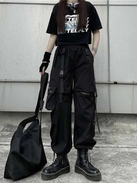 Calças femininas Capris Techwear Cargo Pants Womens Hollow Out Joggers Goth Emo emo Pocket Pocket Casual Tns Hippie punk harem harajuku calças Y240509