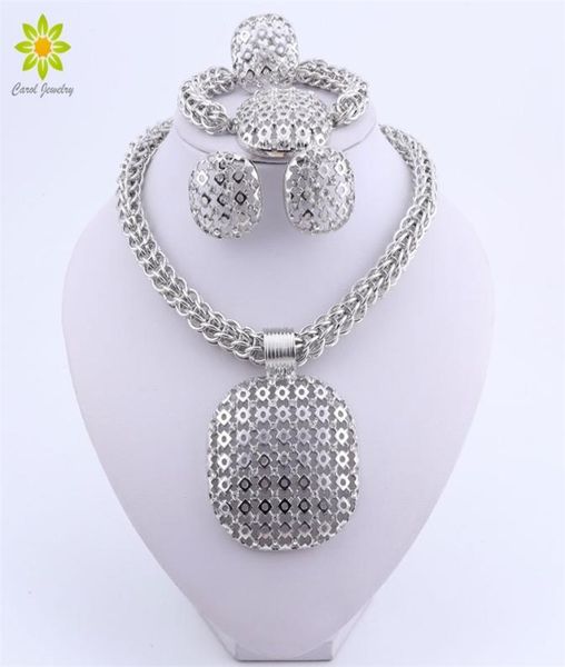 Dubai Silber plattiert Schmuck Set Frauen Große Anhänger Halskette Mode Nigerian Hochzeit Afrikanische Kristallkostüm Brautschmuck Set 2201967685