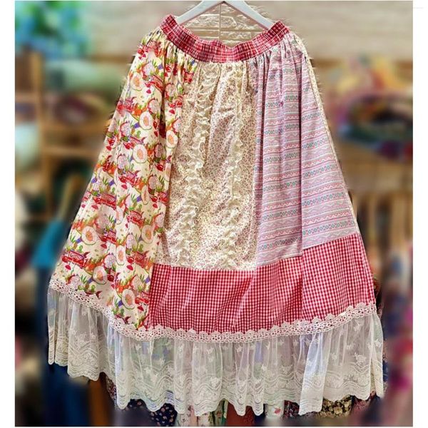 Gonne retrò chic patchwork arruffato orlo in pizzo a-line lungo golla giapponese mori girl lolita kawaii carino dolce coreano midi