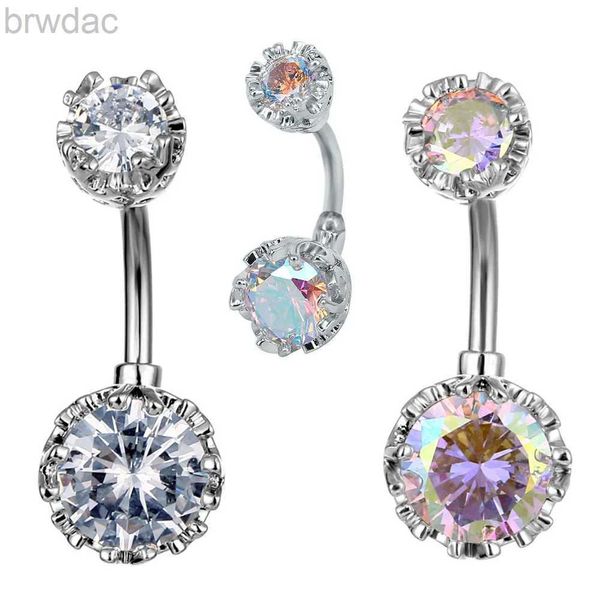 Navelringe Klassische Regenbogenkristall Round Navelringe für Frauen Silber Farbe Bikini Weißer Zirkon Bauchknopf Körper Piercings Schmuck CZ D240509