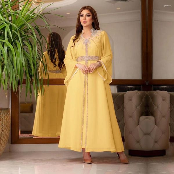 Diamantes étnicos Diamantes de chiffon maxi vestido de noite Mulheres muçulmanas abaya dubai peru kaftan eid Mubarak ramadan jalabiya marrocos vestido de túnica