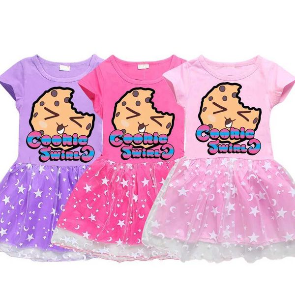 Mädchenkleider Sommermädchen Cotton Cookie Swirl C T-Shirt+bedruckte Gaze Aufkleber Kleider Childrens Girls Cartoon Fashion Party Casual Clothingl2405