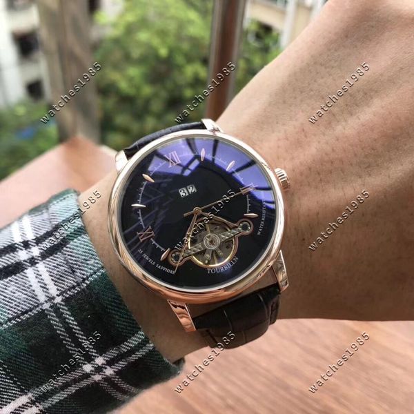 Neuer einfacher Ring Tourbillon Gold Uhrener Perpetual Kalender Automatisch schwarzes Zifferblatt Watch Flywheel Bewegung Automatische Uhren Armbanduhren